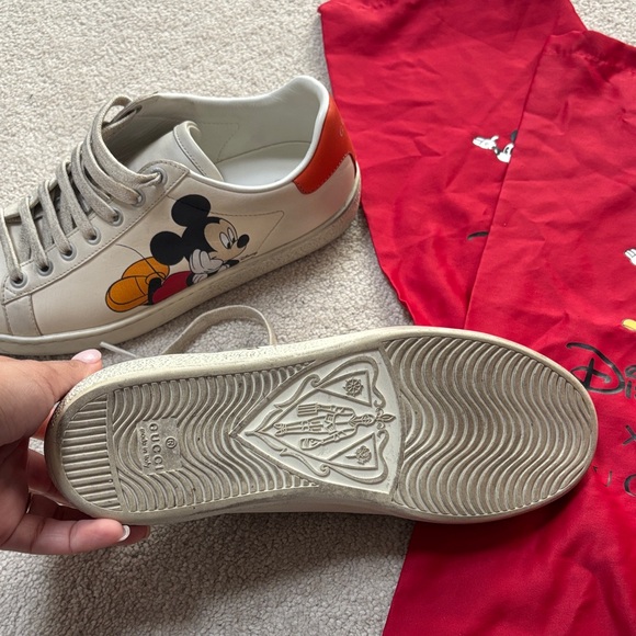 Gucci White Leather Mickey Mouse Sneakers with Orange Heel Tab - Picture 3 of 4